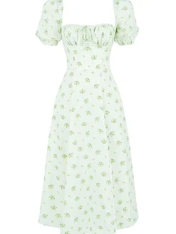 Outlet Retro Stage 1940s Ditsy Floral Square Neck Slit Dress