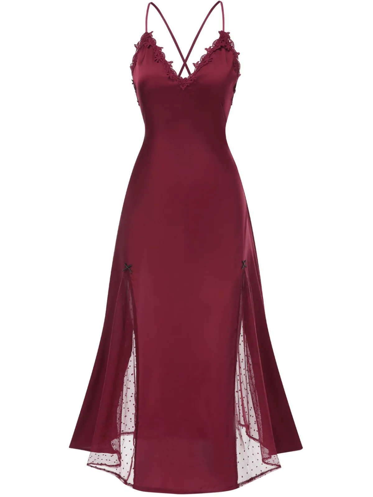 Online Retro Stage 1930s Dots Sheer Satin Patchwork Straps Nightgown