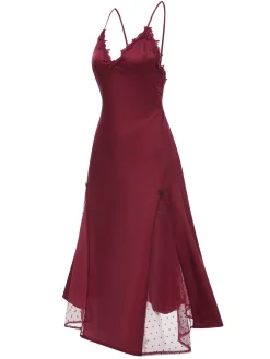 Online Retro Stage 1930s Dots Sheer Satin Patchwork Straps Nightgown