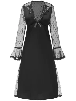 New Retro Stage 1950s Dots Sheer Sleeves Deep V-Neck Nightgown