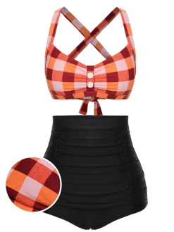 New Retro Stage 1950s Double Strap Buttoned Plaids Swimsuit
