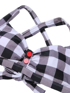 New Retro Stage 1950s Double Strap Buttoned Plaids Swimsuit