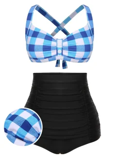 New Retro Stage 1950s Double Strap Buttoned Plaids Swimsuit