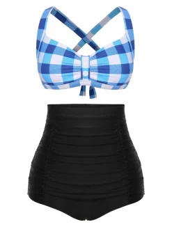 New Retro Stage 1950s Double Strap Buttoned Plaids Swimsuit