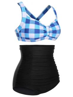 New Retro Stage 1950s Double Strap Buttoned Plaids Swimsuit