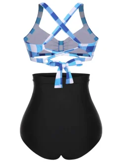 New Retro Stage 1950s Double Strap Buttoned Plaids Swimsuit