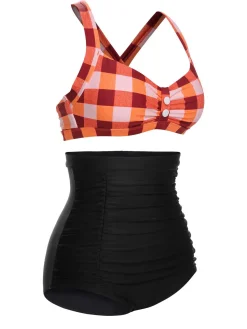 New Retro Stage 1950s Double Strap Buttoned Plaids Swimsuit