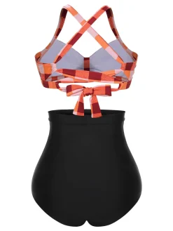 New Retro Stage 1950s Double Strap Buttoned Plaids Swimsuit