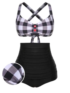 New Retro Stage 1950s Double Strap Buttoned Plaids Swimsuit