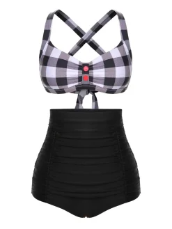 New Retro Stage 1950s Double Strap Buttoned Plaids Swimsuit