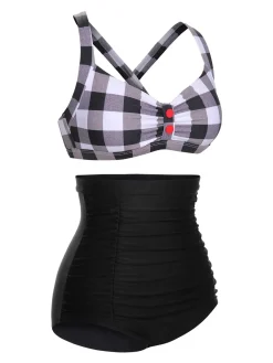 New Retro Stage 1950s Double Strap Buttoned Plaids Swimsuit