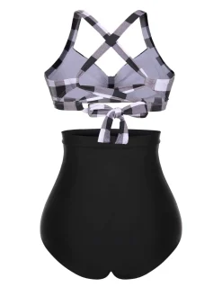Discount Retro Stage 1950s Double Strap Buttoned Plaids Swimsuit