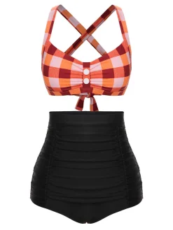 Discount Retro Stage 1950s Double Strap Buttoned Plaids Swimsuit
