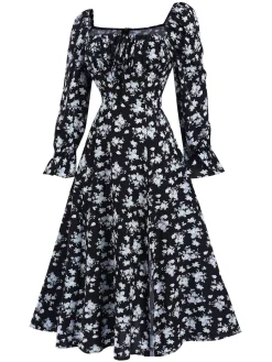 Sale Retro Stage 1940s Drawstring Slit Square Neck Floral Dress