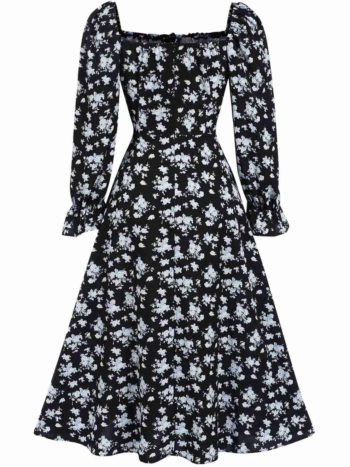 Sale Retro Stage 1940s Drawstring Slit Square Neck Floral Dress