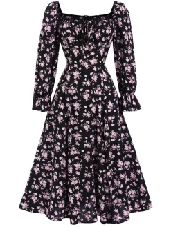 Sale Retro Stage 1940s Drawstring Slit Square Neck Floral Dress