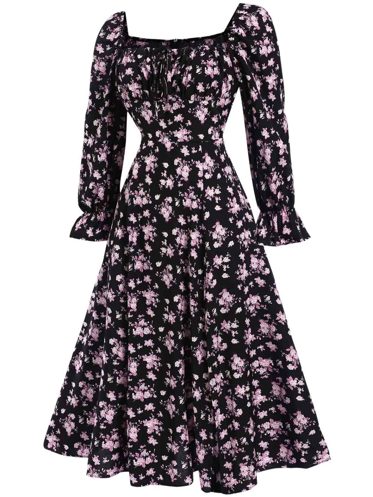 Sale Retro Stage 1940s Drawstring Slit Square Neck Floral Dress