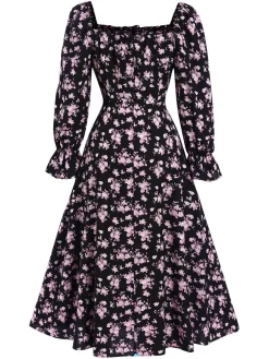 Sale Retro Stage 1940s Drawstring Slit Square Neck Floral Dress