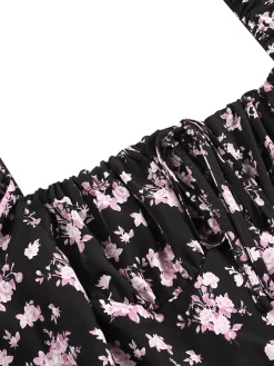 Sale Retro Stage 1940s Drawstring Slit Square Neck Floral Dress