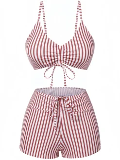 Discount Retro Stage 1930s Drawstring Straps Vertical Stripe Boxer Bikini