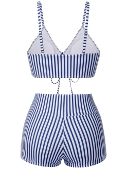 Discount Retro Stage 1930s Drawstring Straps Vertical Stripe Boxer Bikini