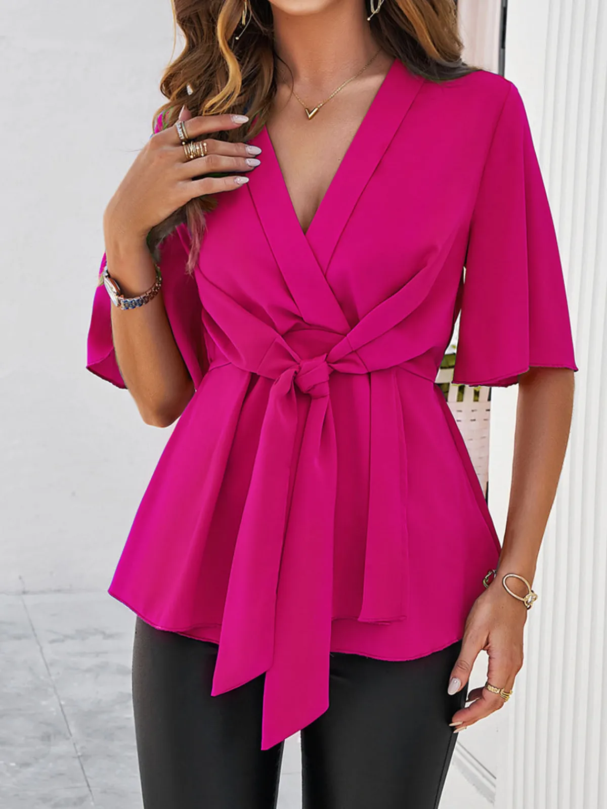 Clearance Retro Stage 1930s Elegant Short-Sleeved Tie Waist Blouse