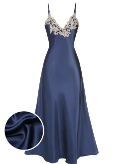 Sale Retro Stage 1930s Embroidered Faux Satin Strap Nightgown