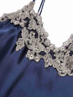 Sale Retro Stage 1930s Embroidered Faux Satin Strap Nightgown