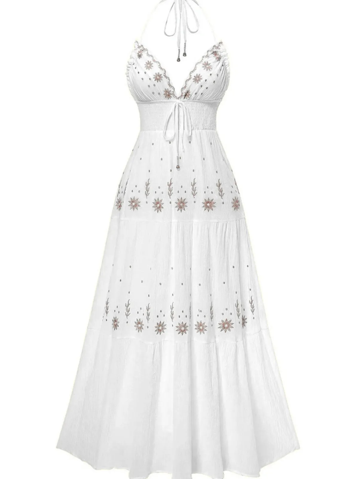 Best Retro Stage 1930s Embroidered Floral Deep V-Neck Textured Dress
