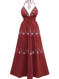 Best Retro Stage 1930s Embroidered Floral Deep V-Neck Textured Dress