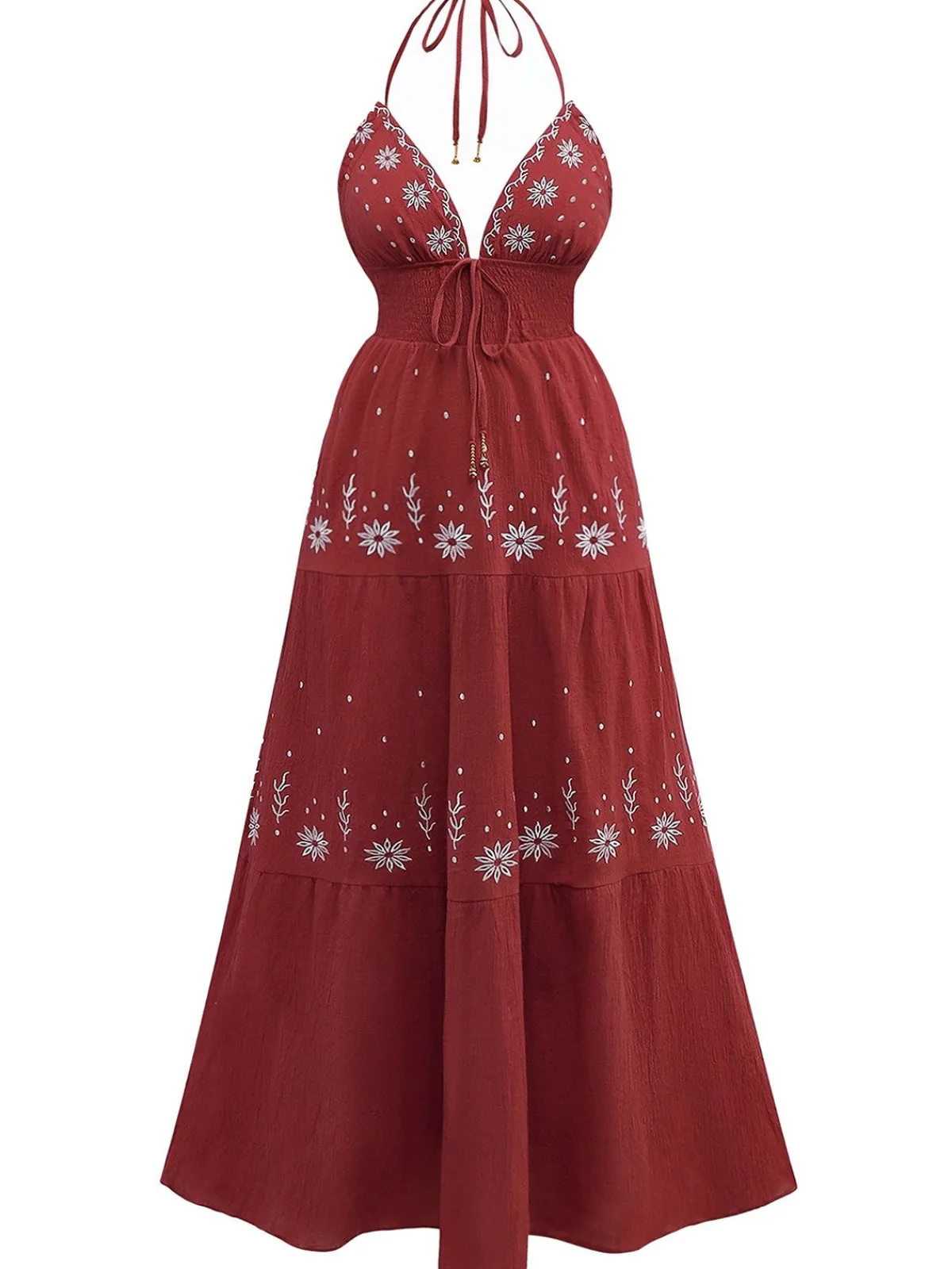Best Retro Stage 1930s Embroidered Floral Deep V-Neck Textured Dress