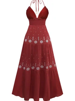 Best Retro Stage 1930s Embroidered Floral Deep V-Neck Textured Dress