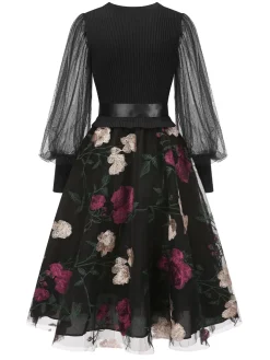 Clearance Retro Stage 1950s Embroidered Floral Mesh Patchwork Dress
