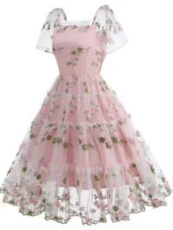 Online Retro Stage 1950s Embroidered Flowers Mesh Puff Sleeve Dress