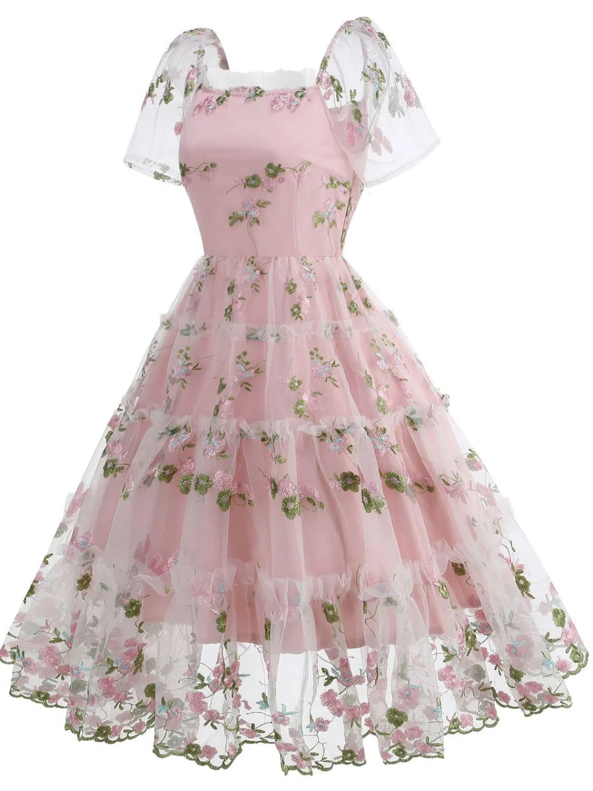 Online Retro Stage 1950s Embroidered Flowers Mesh Puff Sleeve Dress