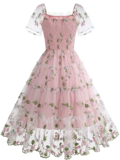 Online Retro Stage 1950s Embroidered Flowers Mesh Puff Sleeve Dress