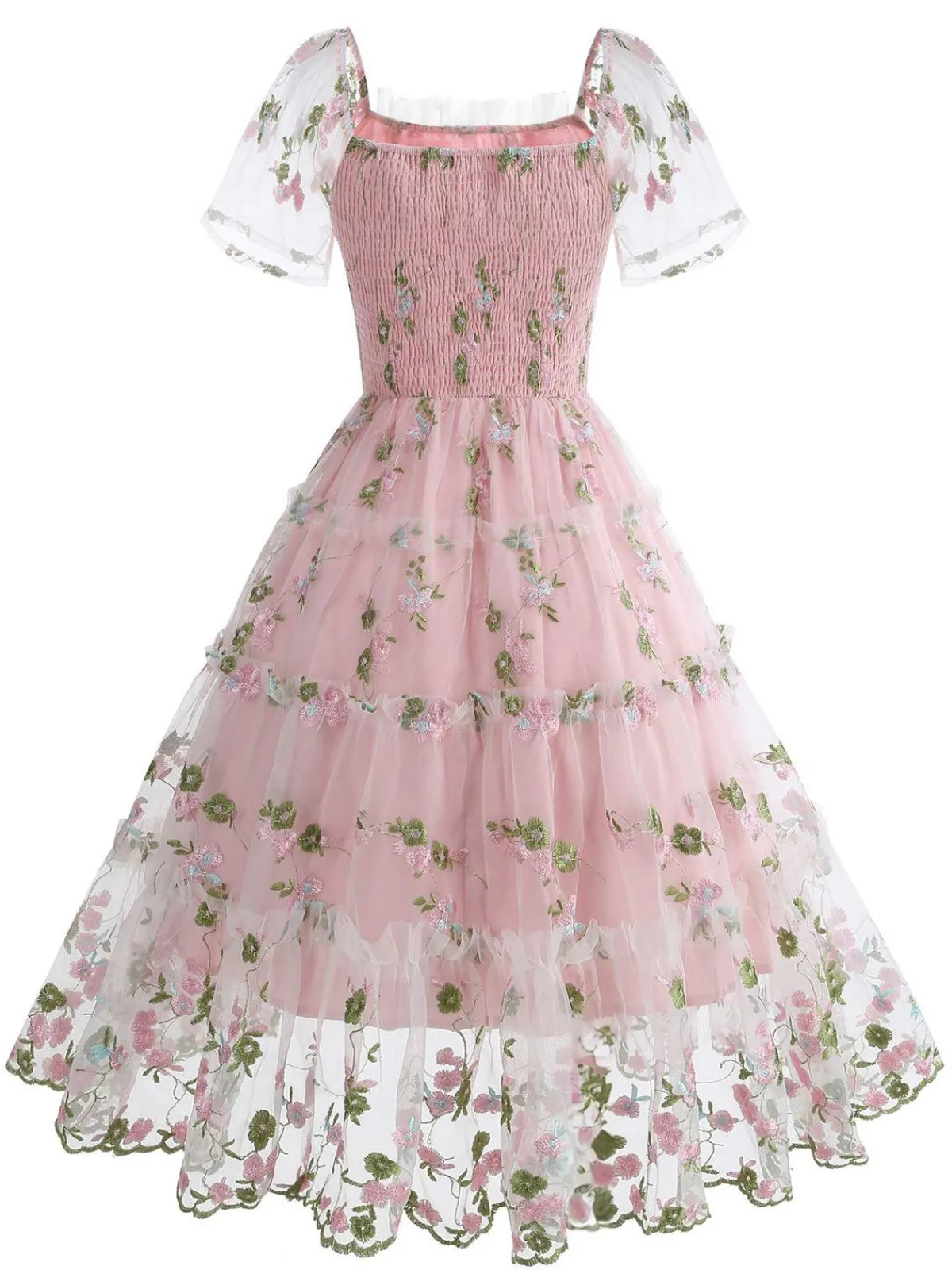 Online Retro Stage 1950s Embroidered Flowers Mesh Puff Sleeve Dress