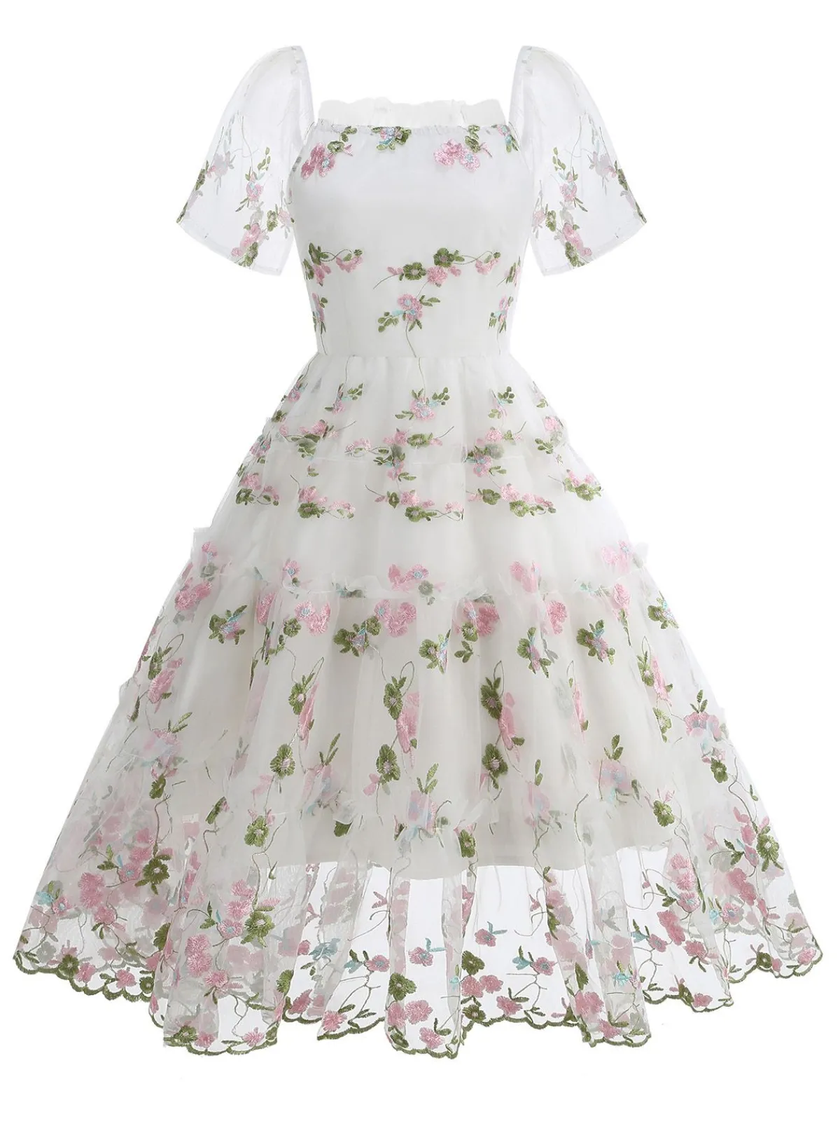 Online Retro Stage 1950s Embroidered Flowers Mesh Puff Sleeve Dress