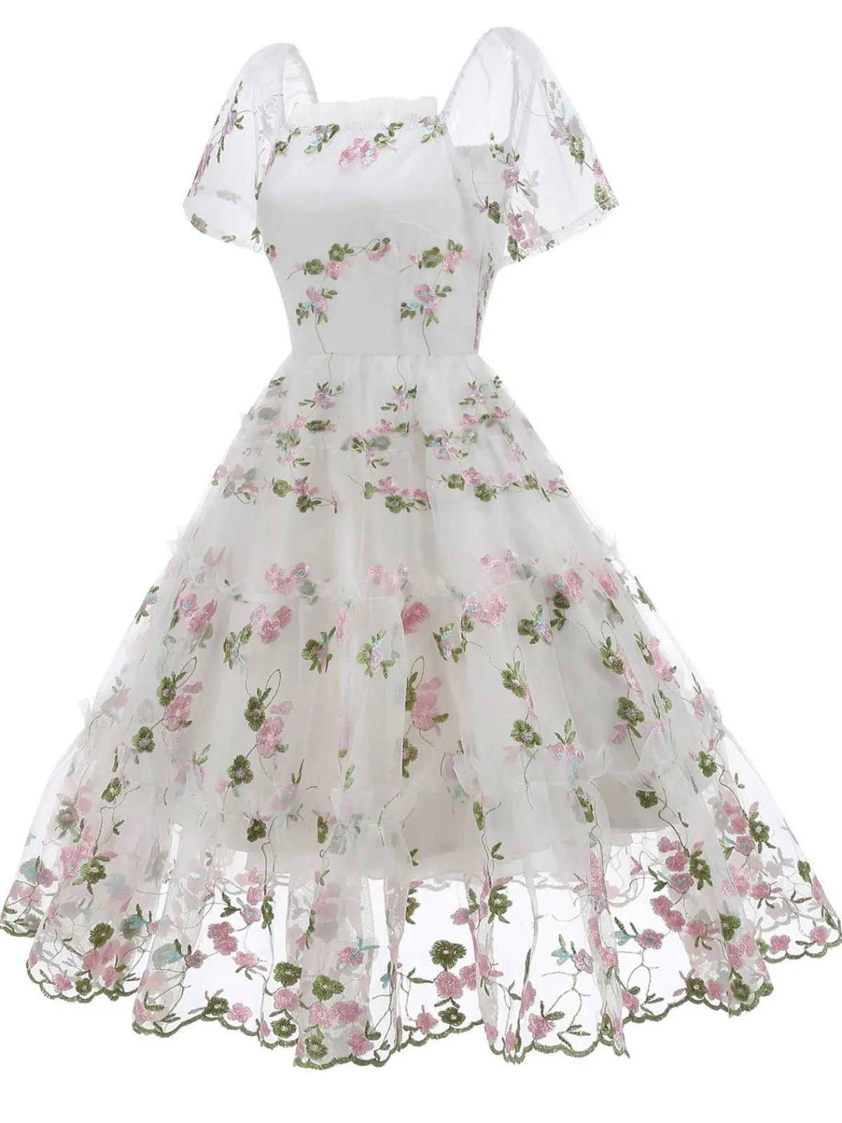Online Retro Stage 1950s Embroidered Flowers Mesh Puff Sleeve Dress