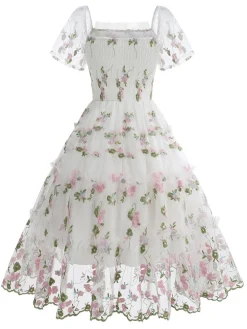 Online Retro Stage 1950s Embroidered Flowers Mesh Puff Sleeve Dress