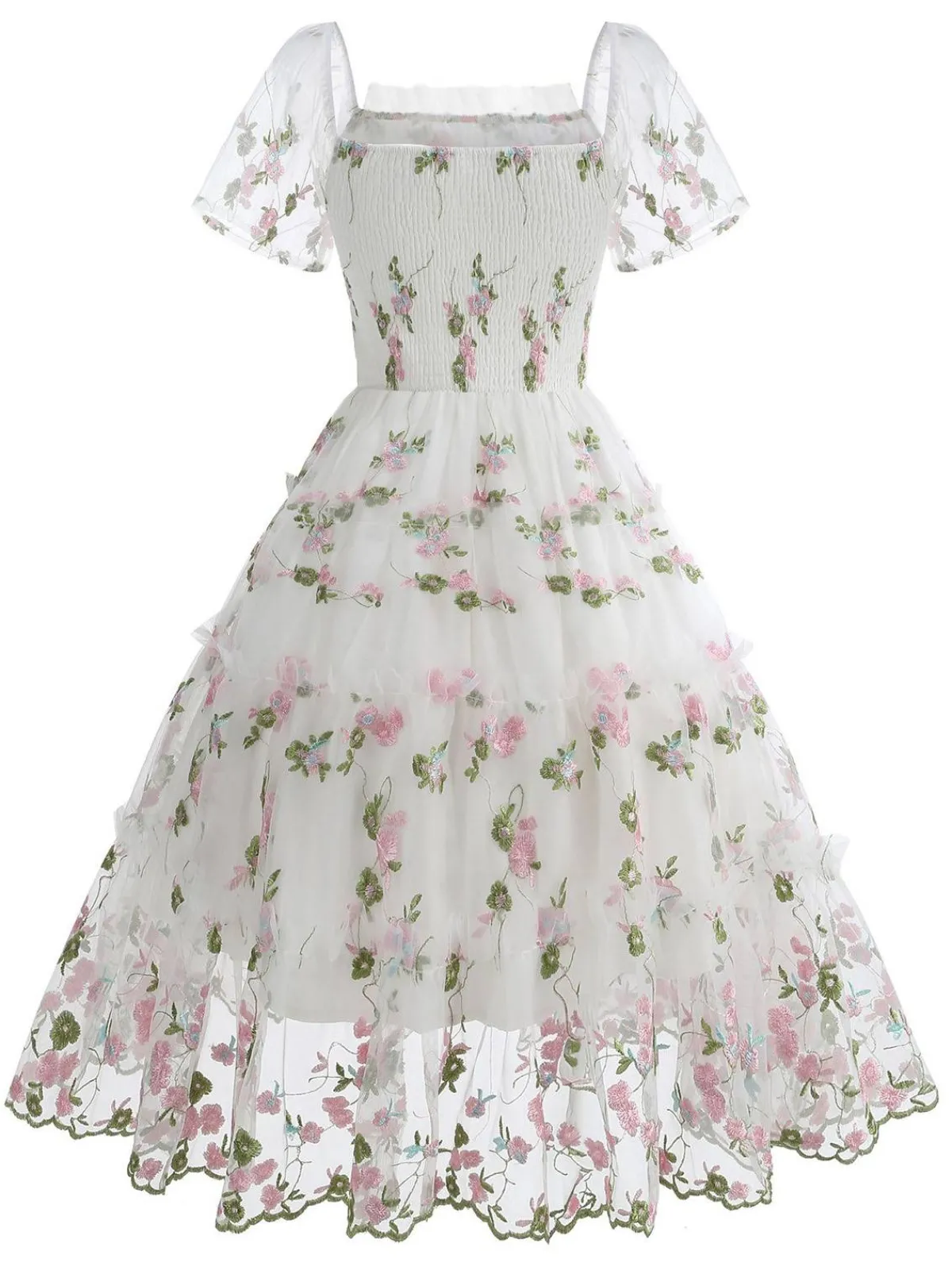Online Retro Stage 1950s Embroidered Flowers Mesh Puff Sleeve Dress