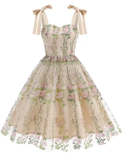 Discount Retro Stage 1950s Embroidered Mesh Lace-Up Sweetheart Neck Dress