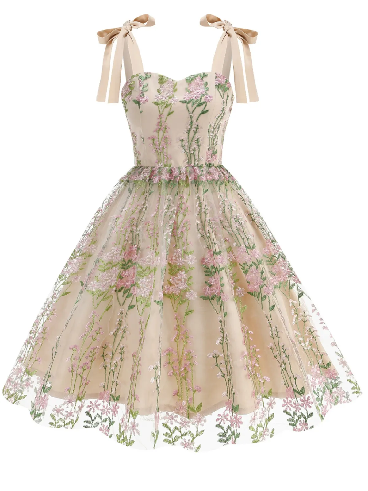 Discount Retro Stage 1950s Embroidered Mesh Lace-Up Sweetheart Neck Dress