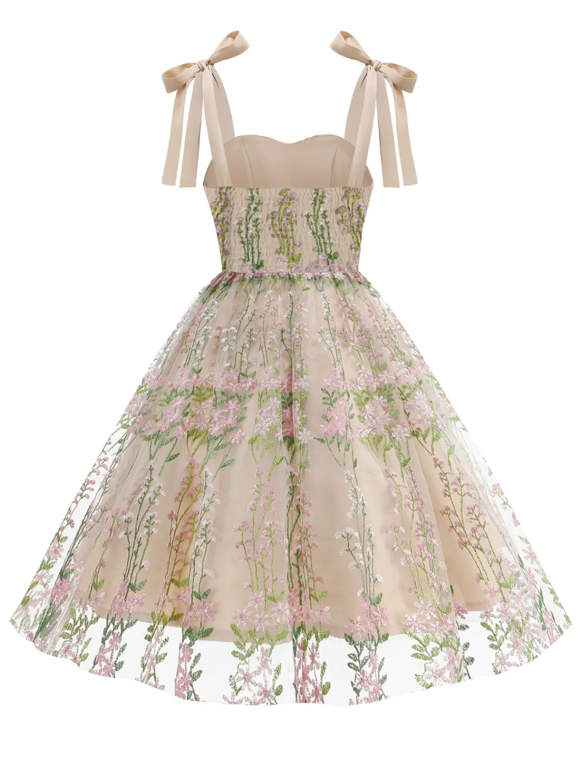Discount Retro Stage 1950s Embroidered Mesh Lace-Up Sweetheart Neck Dress