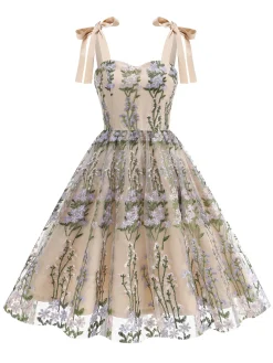 Discount Retro Stage 1950s Embroidered Mesh Lace-Up Sweetheart Neck Dress