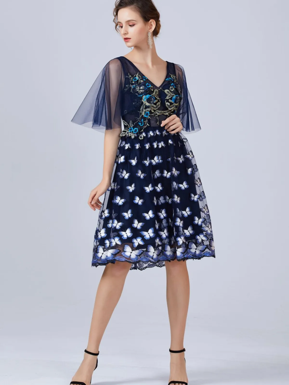 Sale Retro Stage 1950s Embroidery Butterfly Bridesmaid Dress Navy Blue