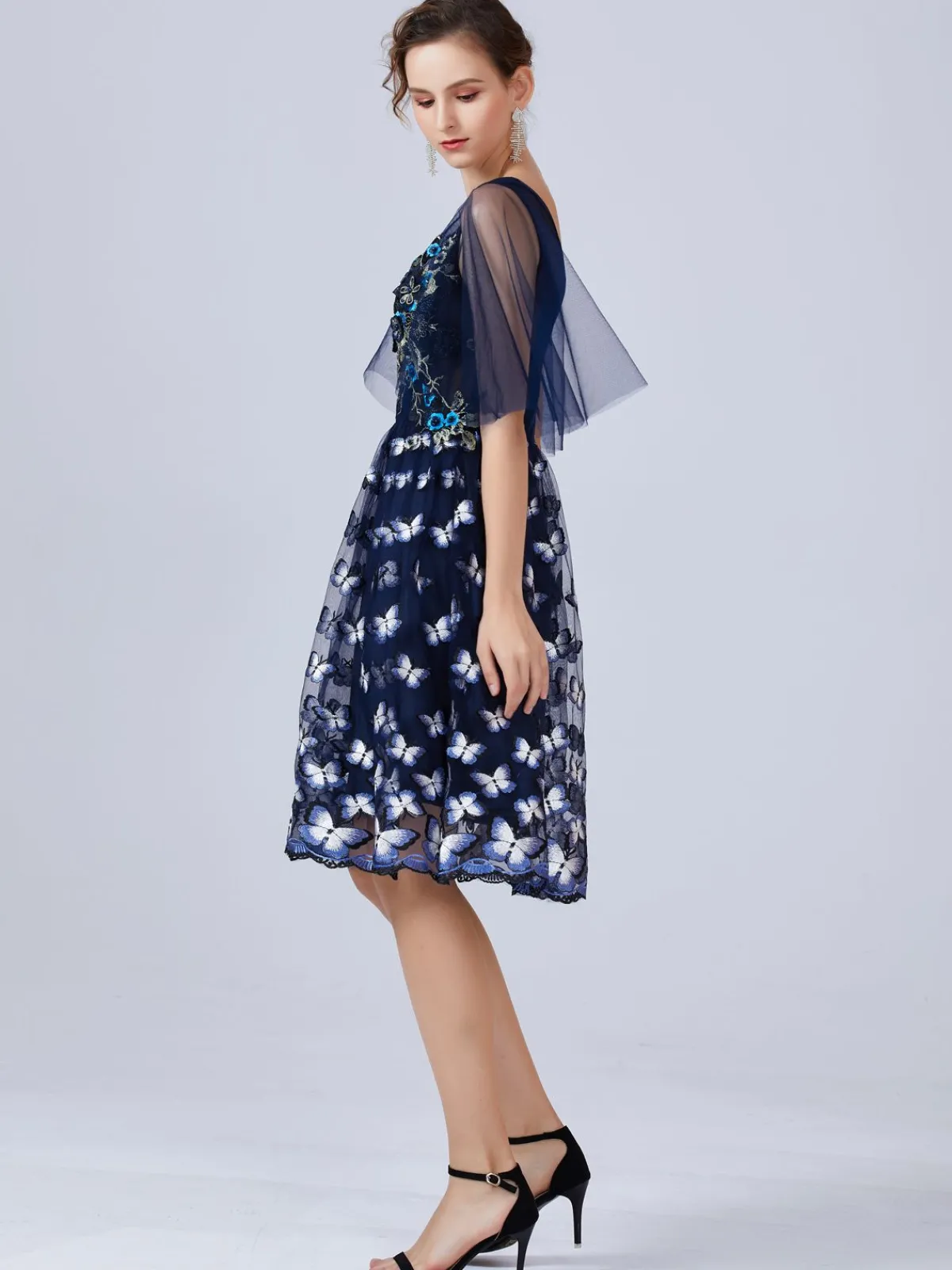 Sale Retro Stage 1950s Embroidery Butterfly Bridesmaid Dress Navy Blue