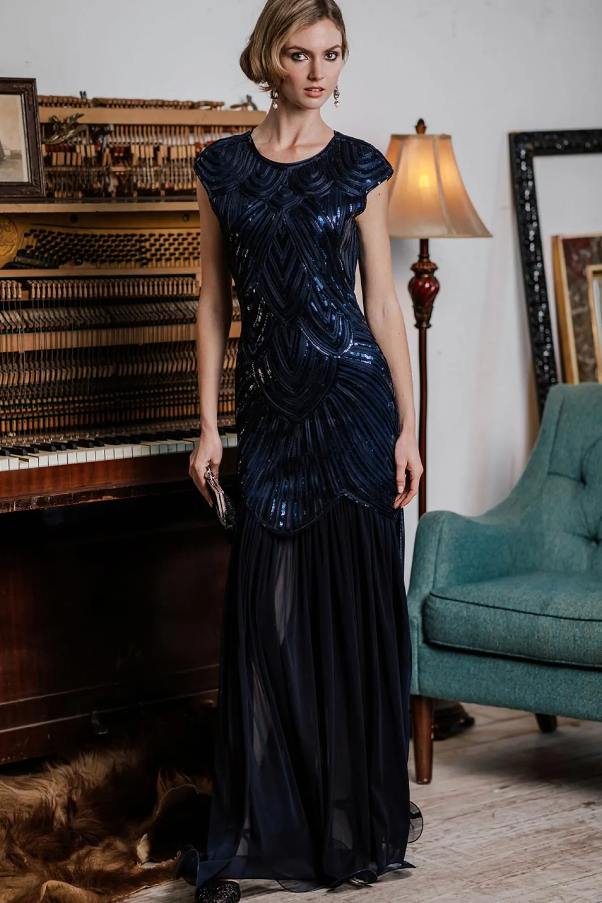 Clearance Retro Stage 1920s Embroidery Sequin Maxi Dress
