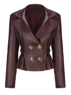 Hot Retro Stage 1950s Faux Leather Double-Breasted Coat Dark Brown