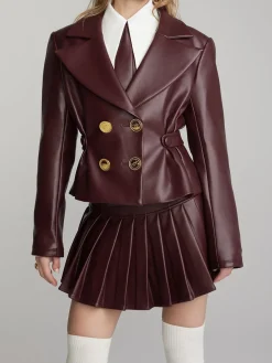 Hot Retro Stage 1950s Faux Leather Double-Breasted Coat Dark Brown